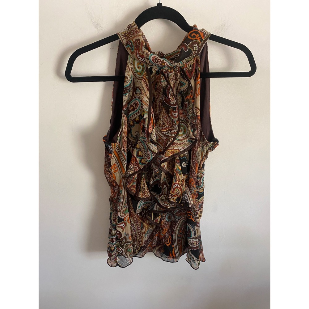 IZ Byer Womens Paisley Halter Top Brown Orange Ruffle Front Sleeveless Blouse M